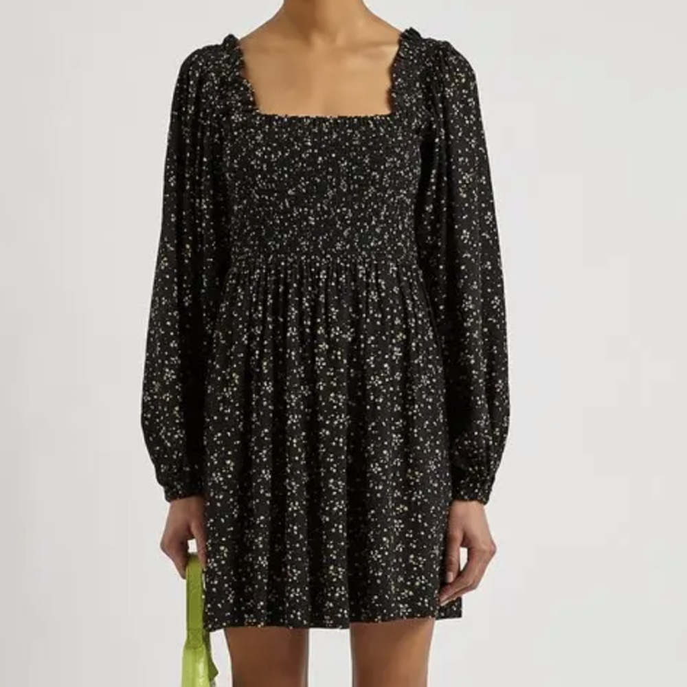 Ganni Black Floral Print Mini Dress- EUC
